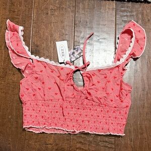 Cider Coral Pink Heart-Print Smocked Crop Top